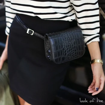 

2020 New Arrival Adjustable Female Waist Belt Pu Funny Bags Candy Color Waist Bag Alligator Pattern Women Waist Pack Black