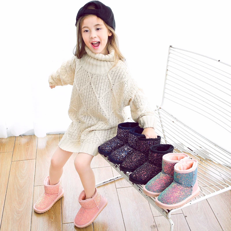 AAdct/ботинки для девочек; зимние хлопковые теплые детские ботинки для девочек; брендовая Высококачественная резиновая детская обувь с блестками