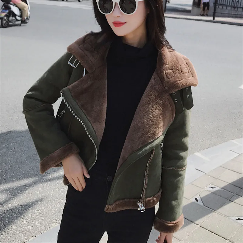 

Women Motorcycle Jacket Autumn Winter Warm Thicken Velvet Suede Coats Female Long Sleeve Short Jackets Lambswool Outwears AB1647
