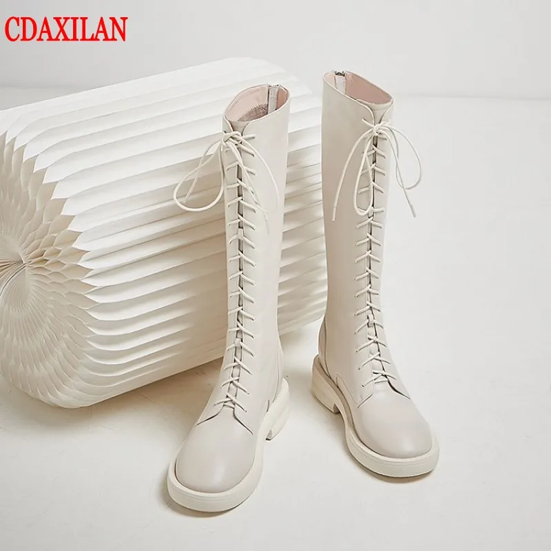 

CDAXILAN new to women's knee-high boots genuine cow leather fabric flat sole round toe Mid-heels cross-tied martin boots winter