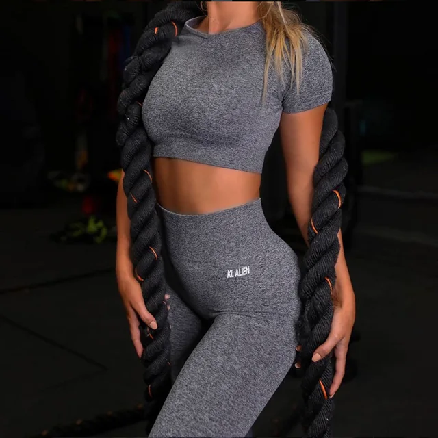 2 Pcs Sports Sets Seamless Short Sleeve Crop Top Workout Yoga Set For Women Fitness Gym Suit High Waist Seamless Leggin Sets 2
