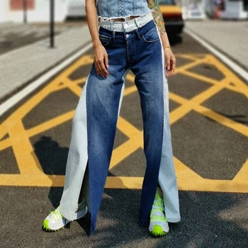 

Casual Hit Color Front Split Jeans For Women High Waist Pocket Patchwork Denim Pants Female 2020 Autumn Fashion New