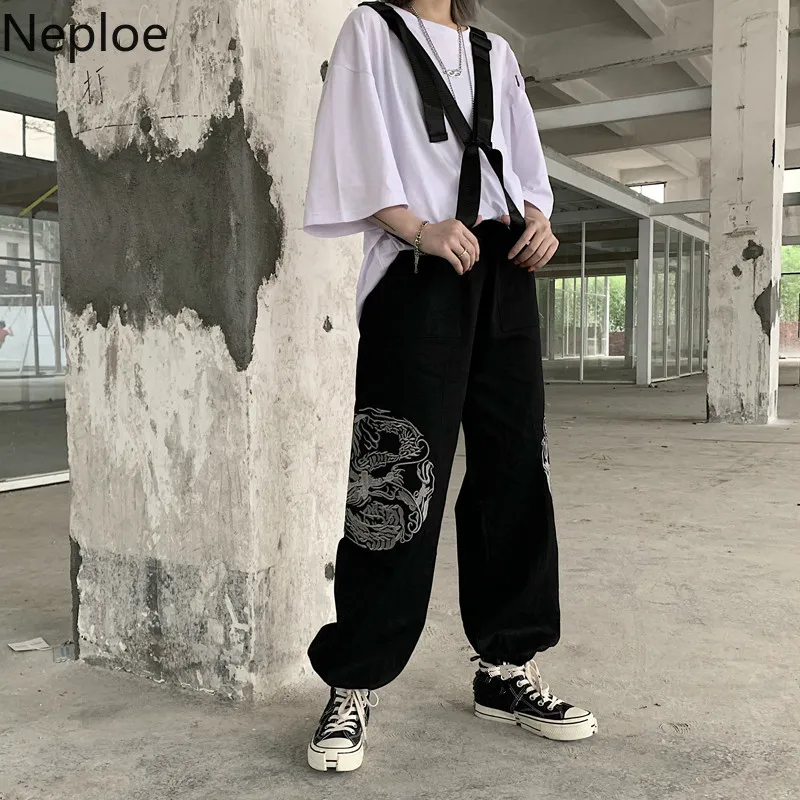 Neploe Harajuku винтажные женские брюки с вышивкой дракона повседневные штаны в стиле хип-хоп черные Панталоны уличная одежда хлопковые негабаритные штаны