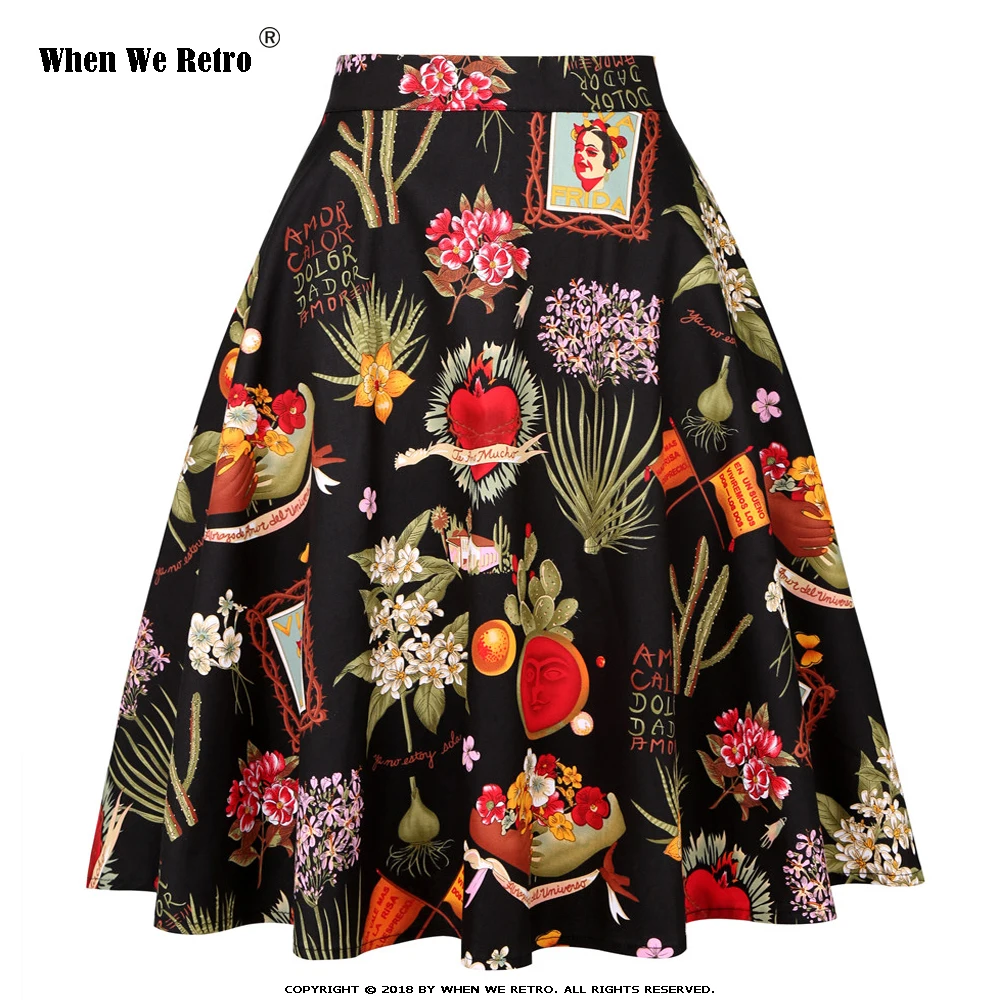 Женская винтажная юбка с цветочным принтом When We Retro черная Расклешенная А-силуэта