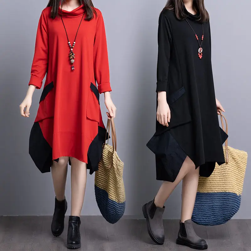 

2019 New Autumn Winter Turtleneck Full Sleeve Loose Asymmetrical Patchwork Pockets Dress Women Fashion Tide Robe & Vestido f1775