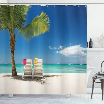 

Seaside Shower Curtain, Relaxing Scene on Remote Beach with Palm Tree Chairs and Boats Panoramic Picture, Cloth Fabric Bathroom