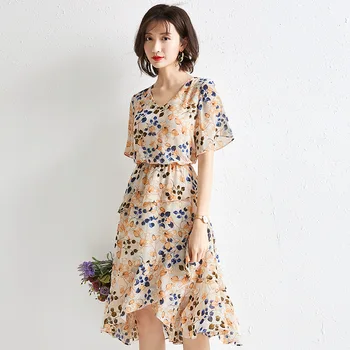 

Women's V-neck Elegant Vintage Fashion Short-sleeved Printed Floral Chiffon Dress Summer