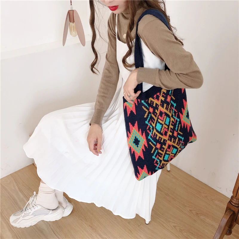 Hylhexyr 2021 Weave Women Casual Bag Retro Pattern Boho Chic Female Tote Bag Crochet Daily Handbag Large Capacity Open Bags