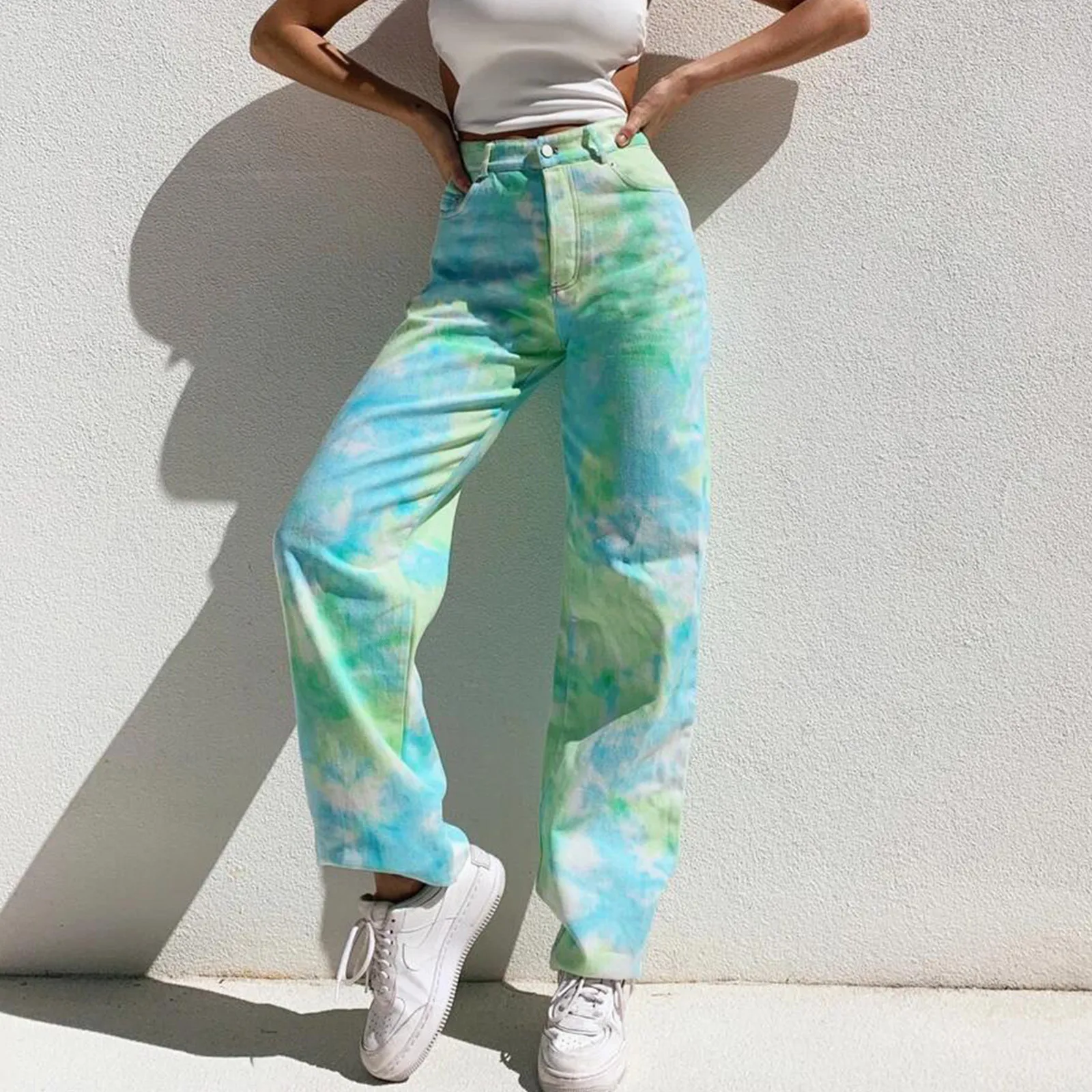 

Прямые женские джинсы Tie-dye, мешковатые винтажные джинсовые брюки с высокой талией