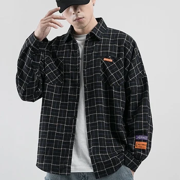 

Men Cotton Shirt Long Sleeve Mens Casual Clothing Plaid Stand Collar Shirts Vintage Coat Men Luxury Turn-down Collar Shirt