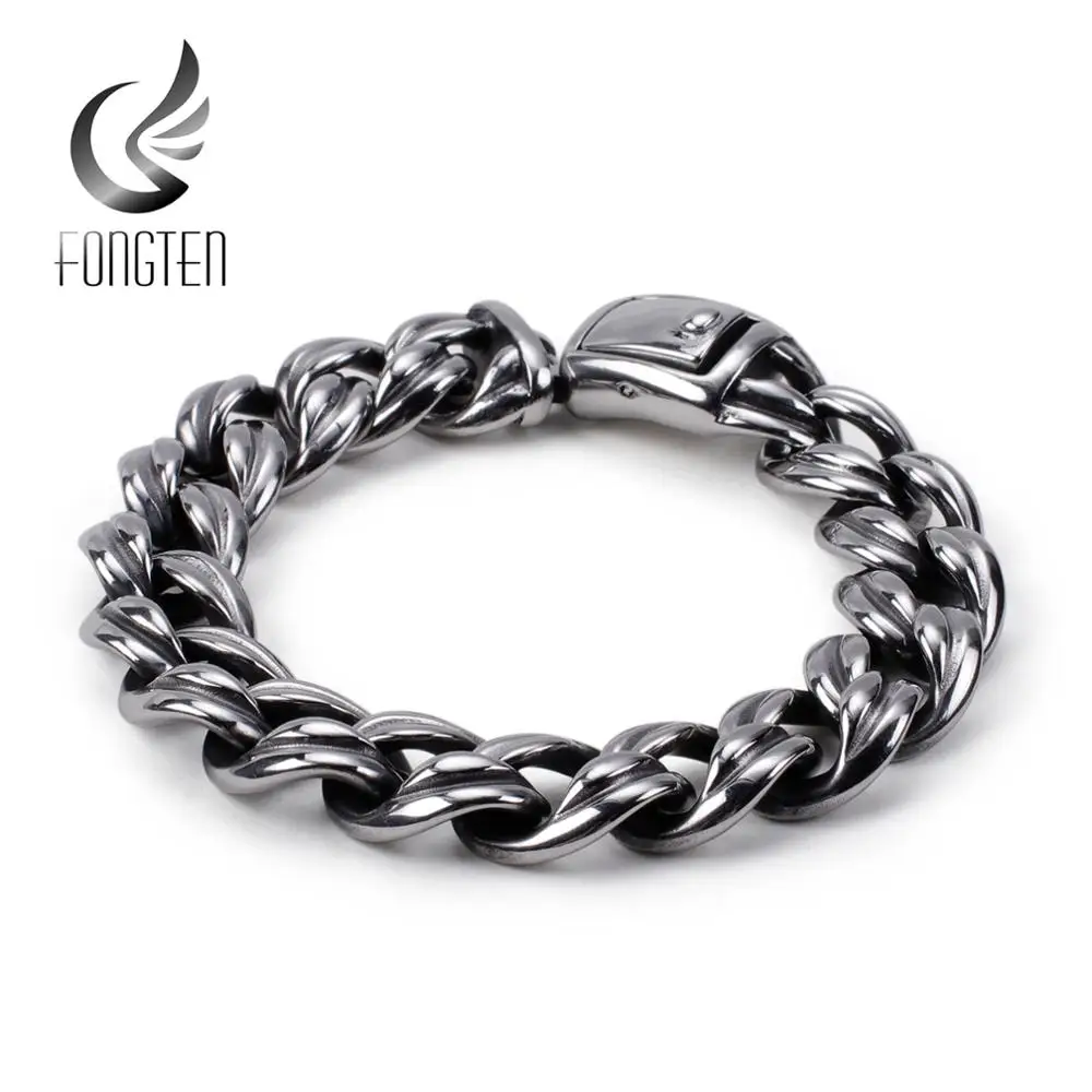 Fongten байкерские мужские кубинские звенья цепи браслет серебро Нержавеющая сталь тяжелый панк браслеты мужские модные ювелирные изделия
