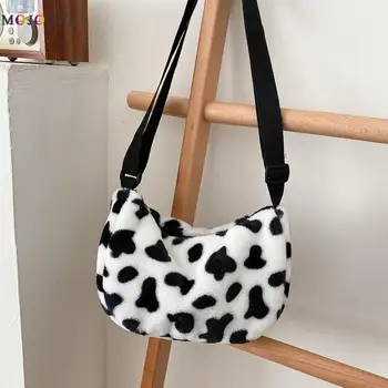 

Fashion Cow Pattern Shoulder Messenger Bags for Women 2020 Casual Autumn Plush Dumpling Handbags Portable Street Phone Purse