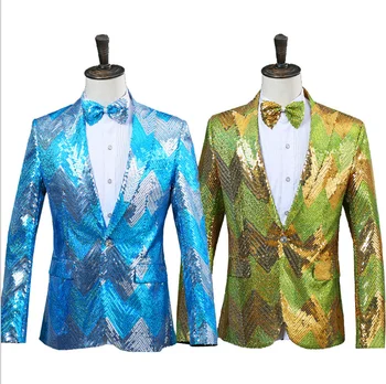 

Men Fashion Sequins Blazer Suit Nightclub DJ Outfit Male Costume Sparkling Green Blue Sequins Suit Jacket For Men Plus Size