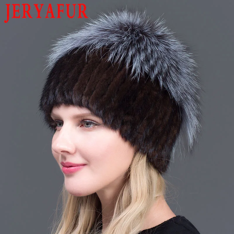 JERYAFUR двойная теплая натуральная норковая меховая шапка для женщин смешанный цвет серебряный Лисий мех женская зимняя шапка с двойным помпоном Роскошные шапочки