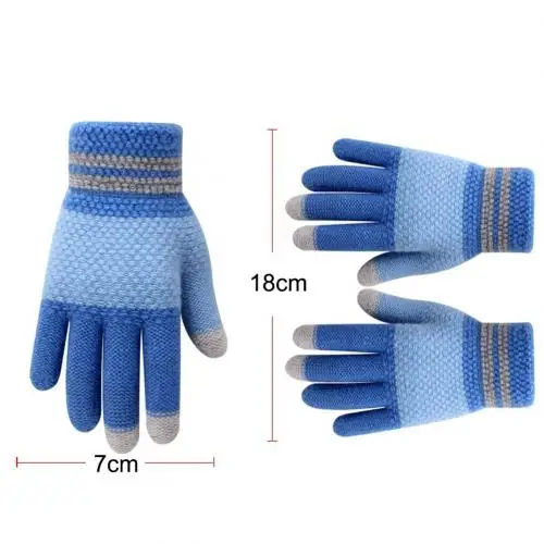 Winter Kids Stripe Full Finger Touch Screen Knitted Gloves Warm Child Kids Baby Girls Boys Winter Warm Thick Gloves Mittens - Цвет: Grey Navy Blue