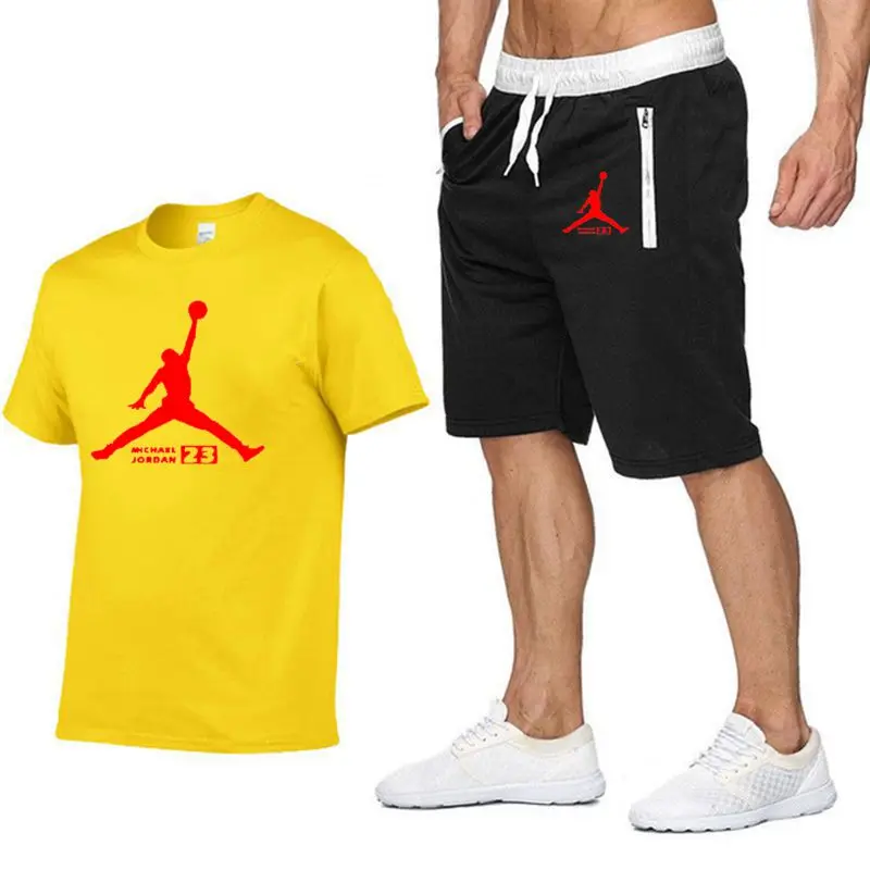 JORDAN 23 спортивный костюм с принтом футболка+ шорты модные тенденции в Фитнес хлопок брендовые футболки для мужчин бодибилдинг одежда M-XXL - Цвет: yellow