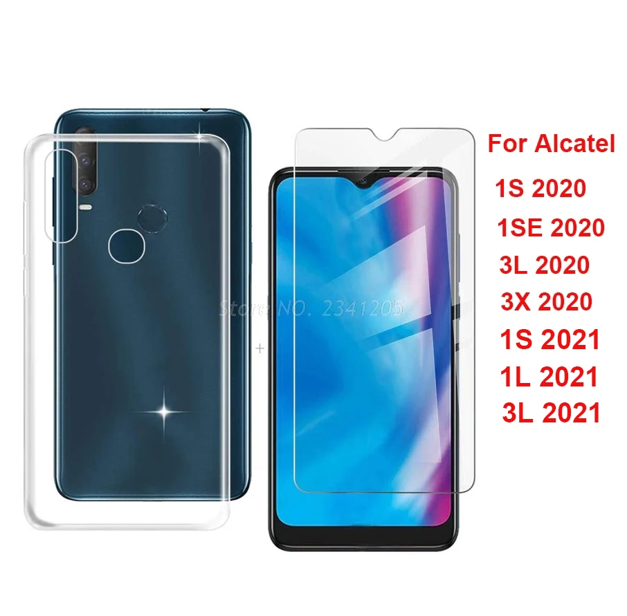 Carcasa TPU negra suave para Alcatel 1S 2020 5028Y 1SE 3L 3X 2020 (4 Cámara) Etui con vidrio templado para Alcatel 1S 1L 3L 2021