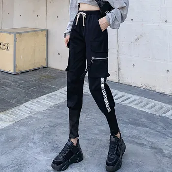 

2020 Spring Summer Pantalon Femme Casual Slim Letter Print Zipper Cargo Pants Women Harajuk High Waist Plus Size Black Sweat Pan
