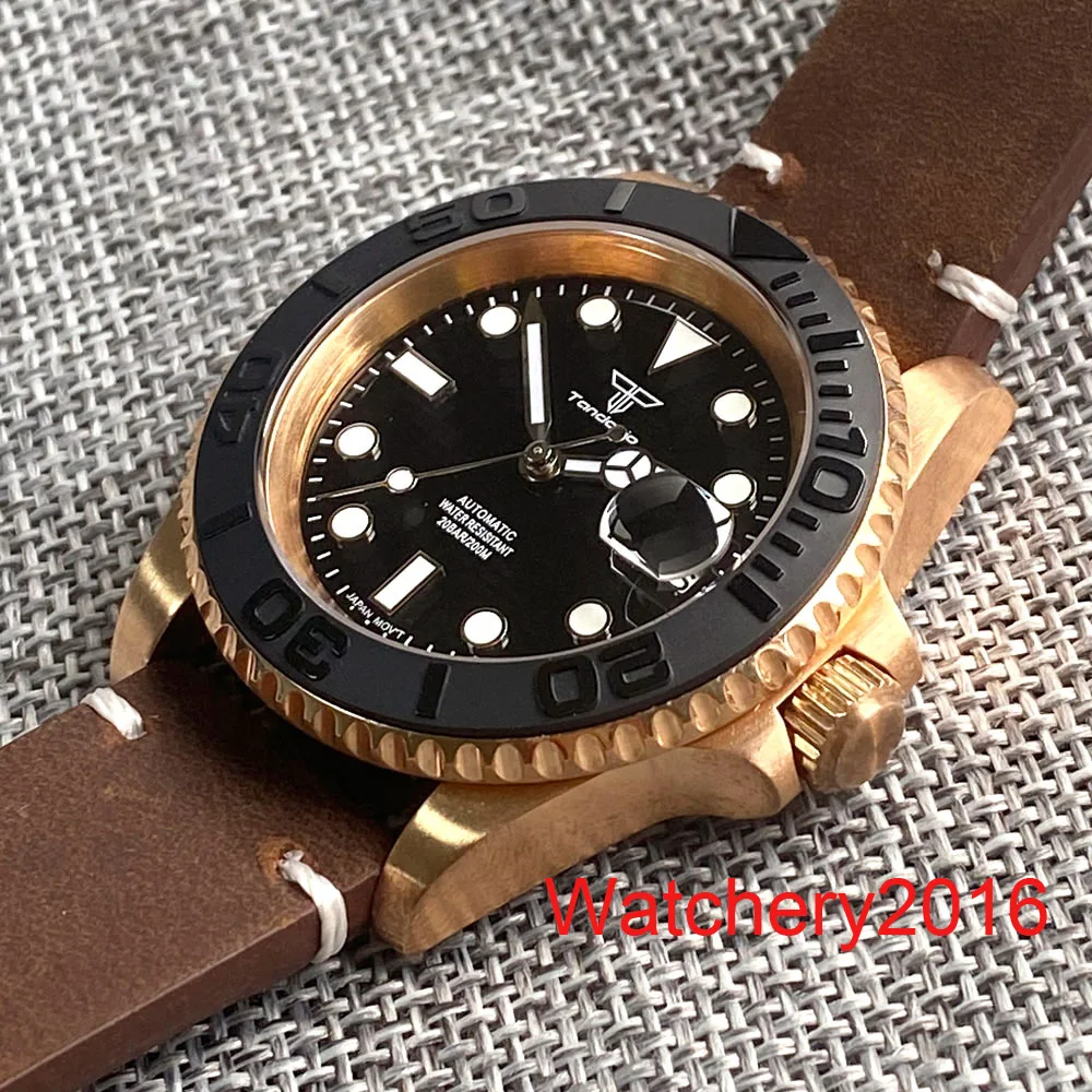 CUSN8 Bronze Tandorio 40mm NH35A Automatic Movement Black Dial Mens Watch Sapphire Crystal Luminous Hand Leather Strap