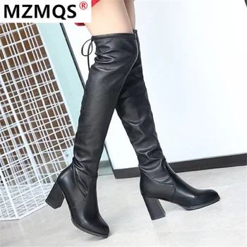

2020 Winter Women's Boots Fashion Over The Knee Long Boots High Heel Boots Women Lace Up Warm Short Plush Boots Botas Mujer