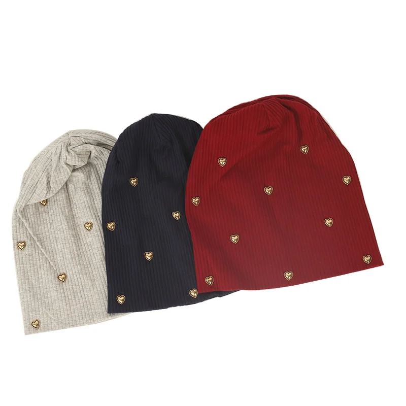 Geebro Women Soft Ribbed Metal heart Beanies Elastic Knitted Skullies Hats Ladies New Fashion Adult Casual Spring Autumn Bonnet 3