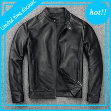 Новинка, Мужская черная куртка пилота, повседневная винтажная Натуральная Воловья кожа, стоячий воротник, приталенные куртки, европейские, американские, Осенние, зимние пальто