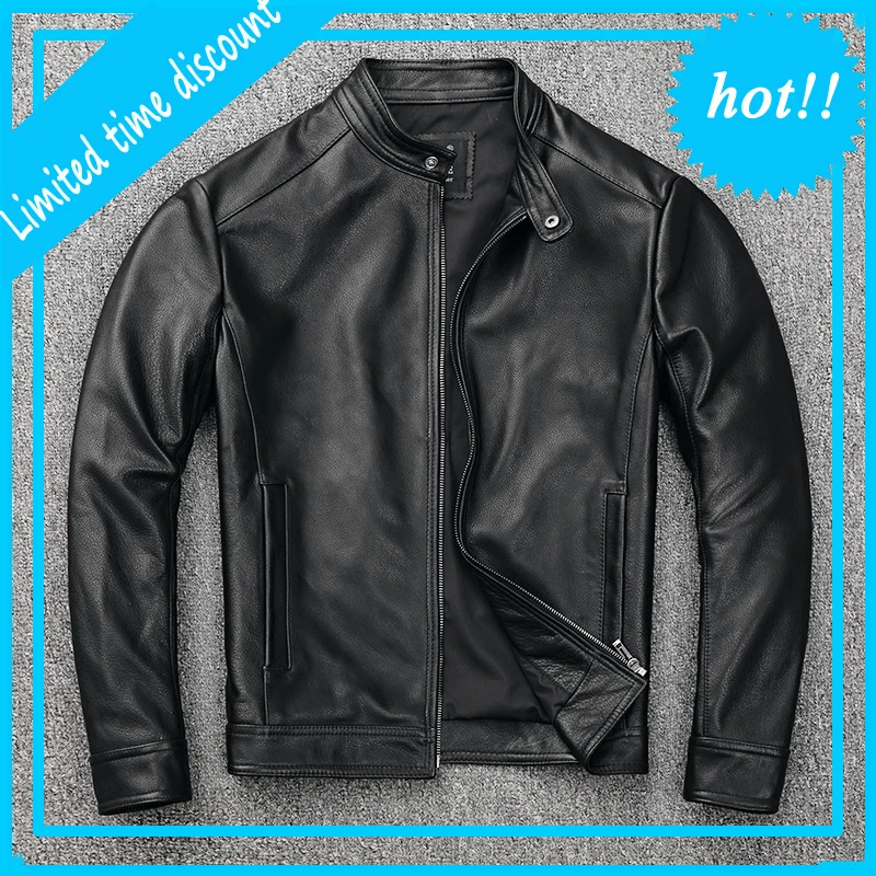

New Men's Black Pilot Jacket Casual Vintage Genuine Cowskin Stand Collar Slim Fit Jackets European American Autumn Winter Coats