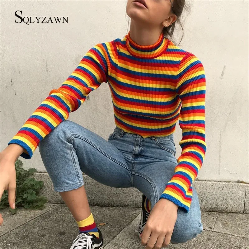 

Streetwear Women Stripe Turtleneck Crop Sweater Women Rainbow Knitwear 2019 Fall Winter Fashion Top Slim Pullover Outfit Sweater