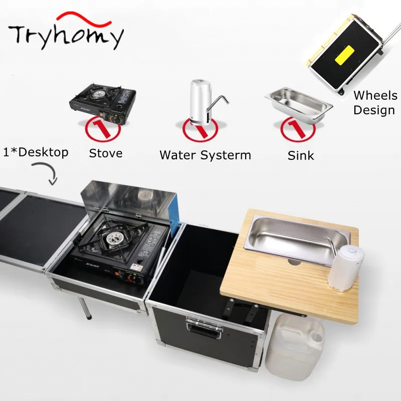 55L Outdoor Kitchen Portable Folding Kitchen Hiking Camping Cooking Table With SInk Wind Shield Running Water Camp Table Set Hot