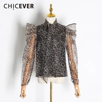 

CHICEVER Leopard Lace Up Blouses For Female Turtleneck Puff Long Sleeve Perspective Vintage Autumn Shirts Women Fashion Tide