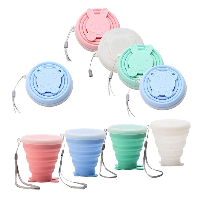 250ML Cartoon Silicone Collapsible Travel Cup Folding Outdoor Camping Cups With Lids Drinking Mug Milk Coffee Cup Tableware