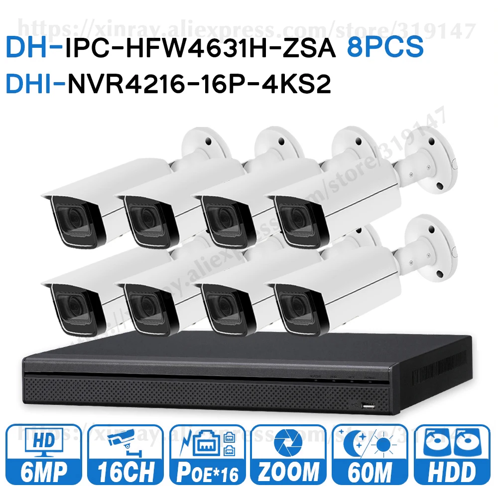 Dahua 6MP 16 + 8 Система видеонаблюдения шт. зум ip камера IPC HFW4631H ZSA и 16POE 4K NVR NVR4216 16P 4KS2