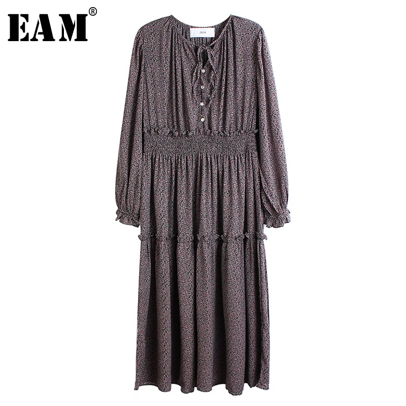

[EAM] Women Pattern Printed Pleated Temperament Dress New Round Neck Long Sleeve Loose Fit Fashion Tide Spring Autumn 2020 1S129