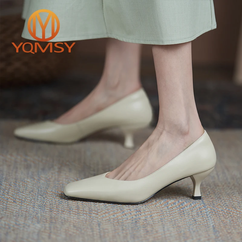 

YQMSYNA Elegant High Heels Women's Genuine Leather Thin Heels Square Toe Dress Shoes Spring/Autumn Concise Shallow Pumps AS213