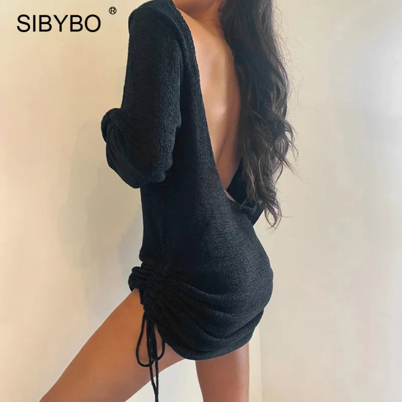 Женское трикотажное мини платье Sibybo черное с открытой спиной и шнуровкой для