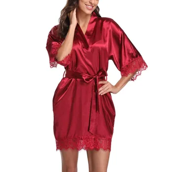 

Women Short Satin Sexy Silk Bodycon Slim Party Evening Dressing Gown Lace Kimono Bathrobe Summer Nightwear Suit ночные халаты