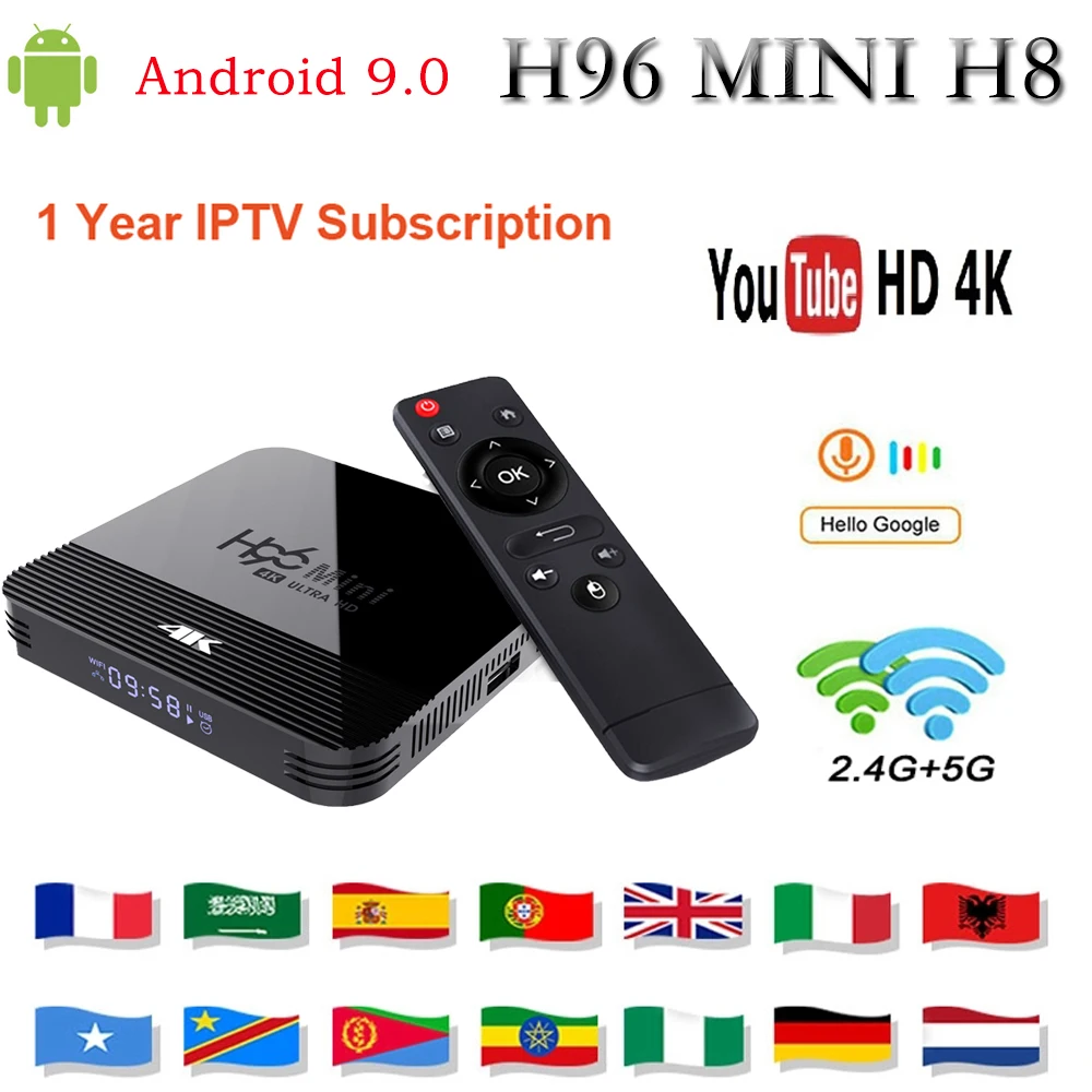Android 9,0 H96 мини H8 беспроводной IPTV Box H.265 4K телеприставка Rockchip 3228A 2 Гб ram 16 Гб Google голосовой помощник Youtube
