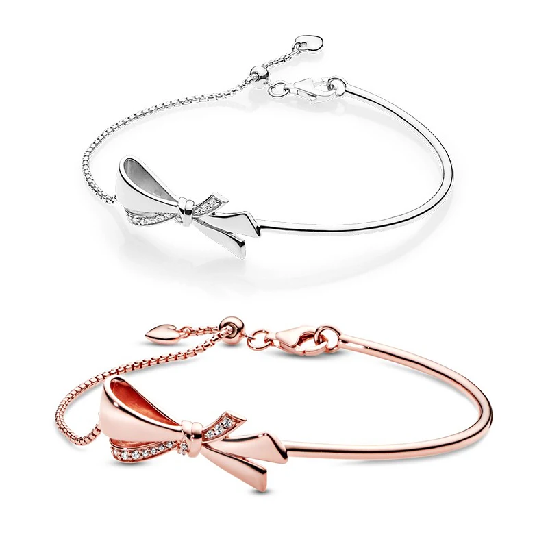 

100% 925 Sterling Silver Pandoras Classic Sparkling Bow Slider Bracelet Women Charm Fashion DIY Jewelry Free Shipping Wholesale