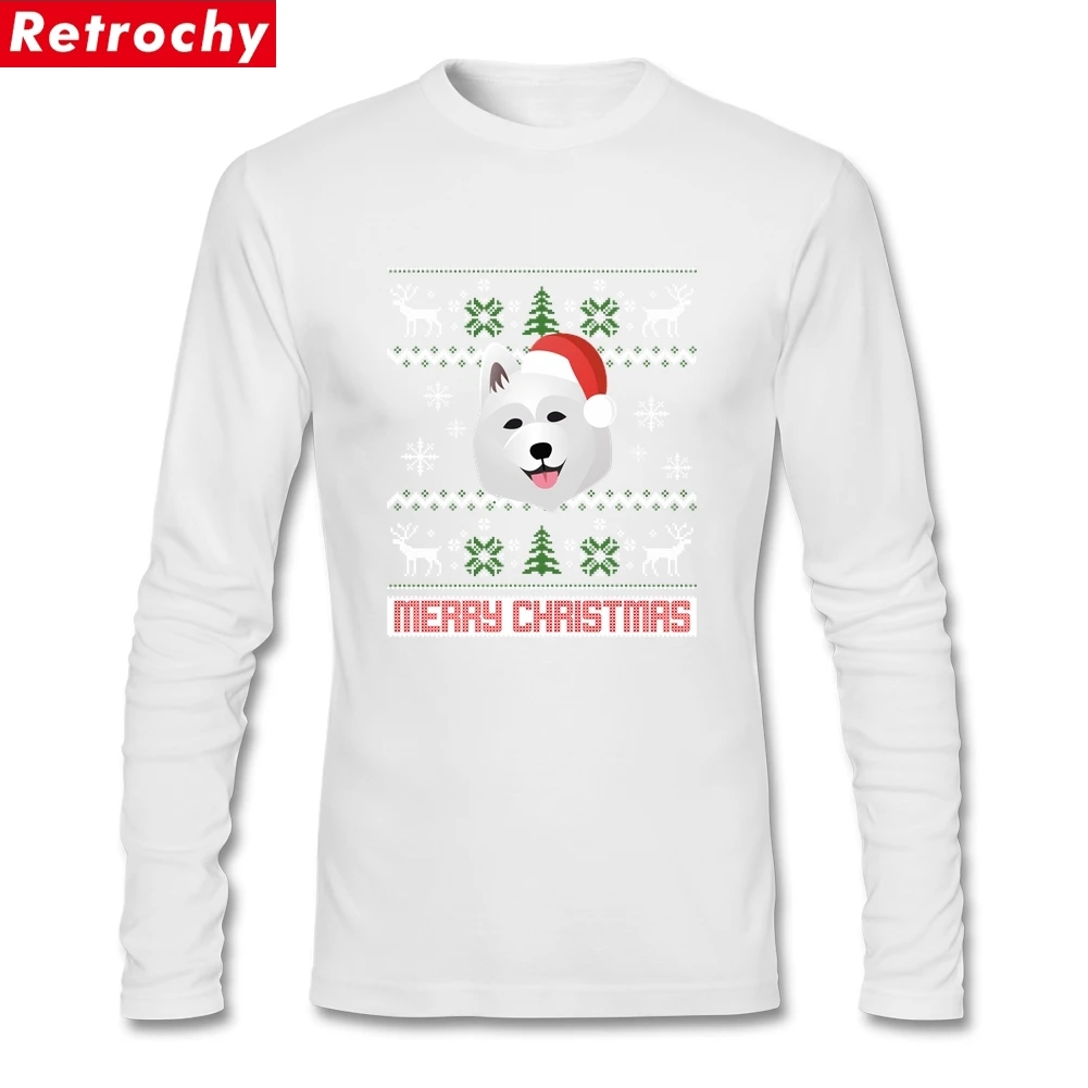Уличная одежда Samoyed Santa Snow футболки с рождественским узором мужские с длинным рукавом хлопок круглый воротник Camisetas для молодежи - Цвет: Белый