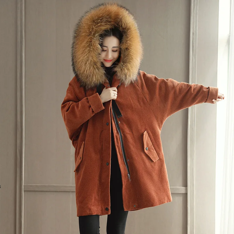 

Large Fur Collar Cotton-padded Clothes Women's 2019 Winter New Style Western Style Mid-length Thin Waist Hugging Cotton Coat WOM