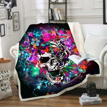 

Colorful Print Skull Sherpa Throw Blanket 3D Skull Bedspread Flannel Blanket on Sofa for Chatting Reading Washable Microfiber