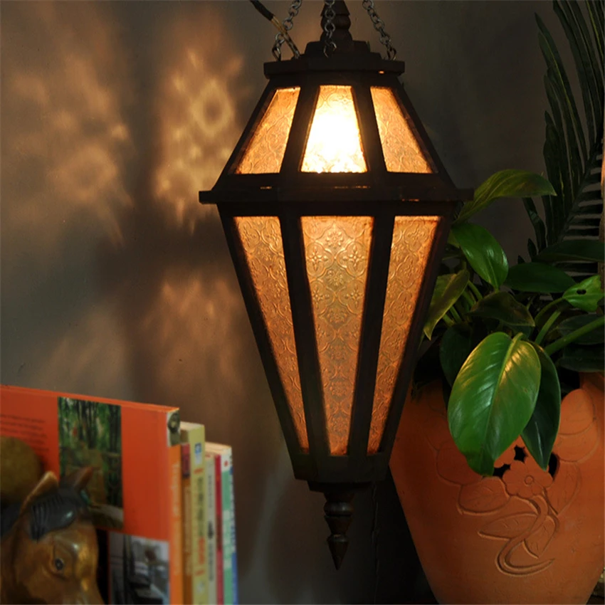 Southeast Asia Diamond-shaped Glass Pendant Lights Bedroom Bedside Lamps Thai Decoration Loft Vintage Solid Wood Hanging Lights