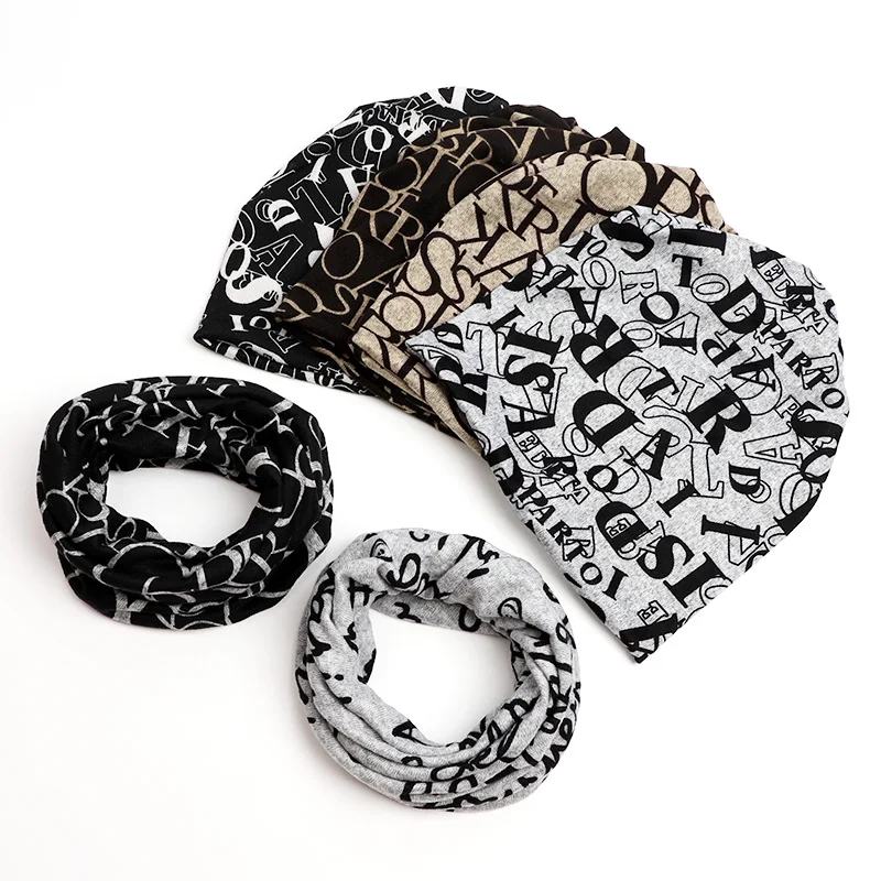 Модные женские зимние шапочки с буквенным принтом, кепка s, шарф, Чемо Шапочка-тюрбан, шея, обертка, теплая, для девушек, мужчин, повседневная шапка, шапка с отверстием для хвоста