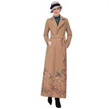 Осенне-зимнее шерстяное кашемировое длинное пальто офисная дамская вышивка отложной воротник роскошный Тренч Женская Толстая Верхняя одежда DZ2178