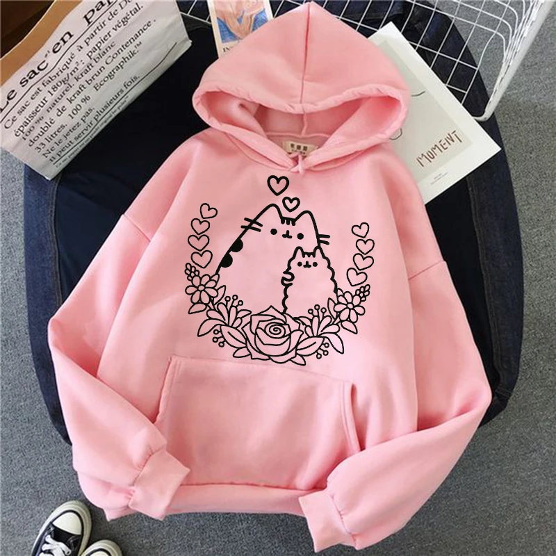 Толстовка с котом, женская мода, kawaii, корейский стиль, harajuku, толстовка, розовая, женская, 90 s, мультяшная одежда, Женский капюшон, негабаритный