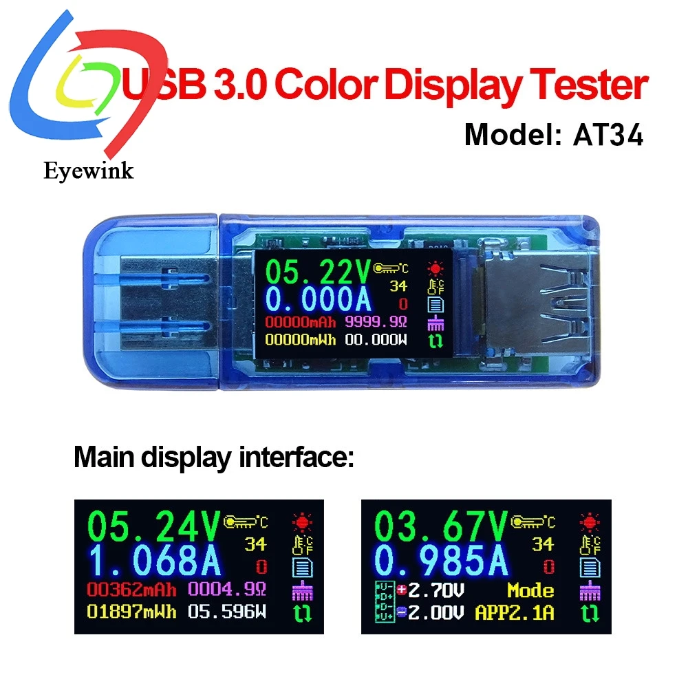 

AT34 AT35 USB 3.0 color LCD Voltmeter ammeter voltage current meter multimeter battery charge power bank USB Tester