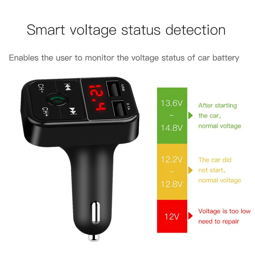 Автомобильное зарядное устройство Bluetooth Dual USB адаптер для зарядки мобильного телефона цифровой светодиодный дисплей напряжения громкой связи FM TF Беспроводная аудио Музыка