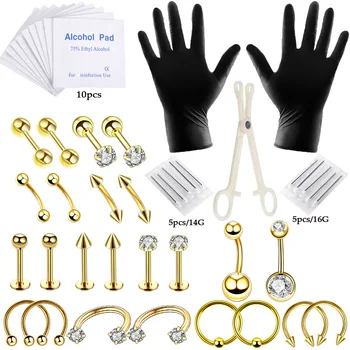 

47pcs/set Rose Gold Silver Gunblack Nose Belly Nose Septum Nipple Ear Professional Body Piercing Kit with Needles Piercing Kit