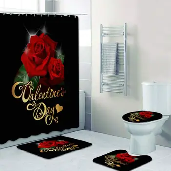 

3D Digital Printing Shower Curtain Bathroom Floor Mat Base Mat Toilet Mat Set Romantic Red Rose