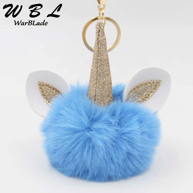 WarBLade Cute Fluffy Unicorn Key Pompom  Chain Fashion Artificial Fox Fur Ball unicorn Keychain Porte Clef Women Bag Car Keyring